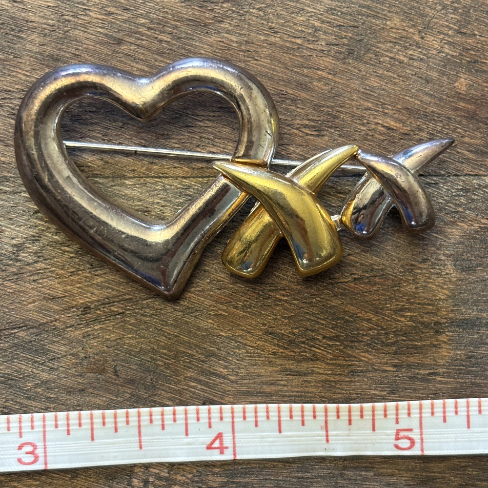 Open Heart Double X Cross Brooch Mixed Metal